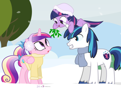 Size: 1000x735 | Tagged: safe, artist:dm29, imported from derpibooru, princess cadance, shining armor, twilight sparkle, alicorn, pony, unicorn, advent calendar, cute, cutedance, filly, filly twilight sparkle, holiday horse days, julian yeo is trying to murder us, mistletoe, shining adorable, shipper on deck, snow, teenager, trio, twiabetes, twilight the shipper, twily, younger