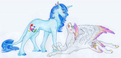 Size: 5000x2415 | Tagged: safe, artist:dawn22eagle, imported from derpibooru, oc, oc only, oc:bright topaz, oc:diamond blade, classical unicorn, pegasus, pony, unicorn, colored wings, duo, leonine tail, lying down, multicolored wings, next generation, offspring, parent:princess cadance, parent:shining armor, parents:shiningcadance, tail feathers, traditional art, wings