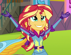 Size: 934x720 | Tagged: safe, edit, edited screencap, imported from derpibooru, screencap, sunset shimmer, equestria girls, friendship games, :d, arms in the air, cropped, smiling, sunedge shimmer, teeth