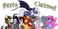 Size: 1280x637 | Tagged: dead source, safe, artist:art-of-autumn-leaf, artist:whisperfoot, imported from derpibooru, oc, oc only, oc:autumn leaf, oc:regal masquerade, oc:violet seren, bat pony, earth pony, pegasus, pony, christmas, clothes, cutie mark, female, furry, holly, holly mistaken for mistletoe, male, ponysona, scarf, shipping