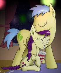 Size: 901x1080 | Tagged: safe, artist:bluemeganium, imported from derpibooru, boysenberry, goldengrape, sir colton vines iii, earth pony, pony, christmas, cute, hug, lights, present