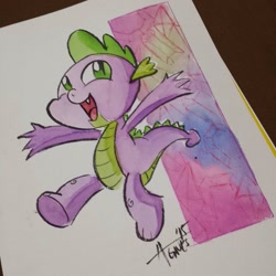 Size: 1080x1080 | Tagged: safe, artist:agnesgarbowska, imported from derpibooru, spike, jumping, male, open mouth, solo, traditional art, watercolor painting