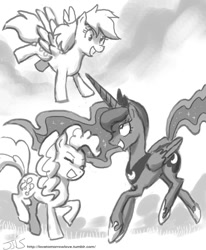 Size: 800x970 | Tagged: safe, artist:johnjoseco, imported from derpibooru, derpy hooves, pinkie pie, princess luna, rainbow dash, pegasus, pony, eyes closed, female, grayscale, mare, monochrome, open mouth, sketch