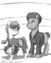 Size: 800x970 | Tagged: safe, artist:johnjoseco, imported from derpibooru, cinna, clothes, grayscale, katniss everdeen, monochrome, ponified, raised hoof, the hunger games