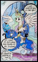 Size: 1816x2937 | Tagged: safe, artist:darkest-lunar-flower, imported from derpibooru, princess celestia, princess luna, luna's room, rocking, traditional art