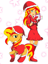 Size: 1200x1600 | Tagged: safe, artist:ng, imported from derpibooru, sunset shimmer, pony, unicorn, equestria girls, boots, christmas, cloak, clothes, dress, gloves, hat, hoof boots, human ponidox, pixiv, present, raised hoof, santa hat, sunset santa