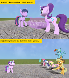 Size: 1280x1440 | Tagged: safe, artist:dragonboi471, imported from derpibooru, applejack, fluttershy, pinkie pie, rainbow dash, rarity, starlight glimmer, twilight sparkle, alicorn, pony, the cutie re-mark, 3d, comic, female, frontier justice, gmod, loose cannon, mane six, mare, team fortress 2, twilight sparkle (alicorn), wrap assassin, your eternal reward