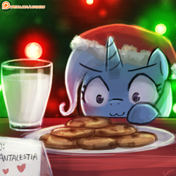 Size: 750x750 | Tagged: safe, artist:lumineko, imported from derpibooru, trixie, pony, unicorn, :3, >:3, christmas, cookie, cute, diatrixes, eyes on the prize, female, food, hat, lumineko is trying to murder us, mare, milk, milk and cookies, patreon, patreon logo, pure unfiltered evil, santa hat, solo