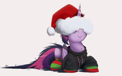 Size: 4000x2500 | Tagged: safe, artist:ncmares, imported from derpibooru, twilight sparkle, alicorn, pony, ask majesty incarnate, clothes, cute, female, hat, hidden eyes, hoodie, horn impalement, mare, ncmares is trying to murder us, prone, santa hat, smiling, socks, solo, striped socks, twiabetes, twilight sparkle (alicorn)