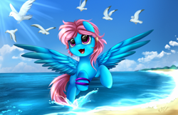 Size: 2630x1703 | Tagged: safe, artist:pridark, imported from derpibooru, oc, oc only, oc:sky orchid, bird, beach, flying, ocean, solo, water