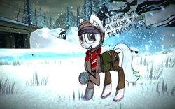 Size: 1680x1050 | Tagged: safe, artist:nixianisky-alyans, imported from derpibooru, background pony, bag, boots, clothes, coat, earbuds, lyrics, mittens, pants, scarf, snow, snowfall, the long dark, traditional art, unnamed pony, vulgar