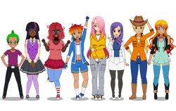 Size: 2000x1260 | Tagged: safe, artist:kathara_khan, imported from derpibooru, applejack, fluttershy, pinkie pie, rainbow dash, rarity, spike, sunset shimmer, twilight sparkle, human, belt, blue jeans, boots, clothes, cowboy boots, cowboy hat, hat, high heel boots, humanized, jeans, kisekae, pants, simple background, white background