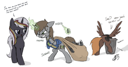 Size: 1024x535 | Tagged: safe, artist:brisineo, artist:sierrasparx, imported from derpibooru, oc, oc only, oc:calamity, oc:littlepip, oc:velvet remedy, pegasus, pony, unicorn, fallout equestria, butt, clothes, colored, cutie mark, fallout 4, female, glue, gritted teeth, jumpsuit, loot, magic, magic aura, male, mare, pipbuck, plot, stallion, trash can, vault suit