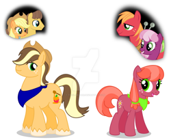 Size: 1024x839 | Tagged: safe, artist:mlp-trailgrazer, imported from derpibooru, applejack, big macintosh, caramel, cheerilee, oc, oc only, oc:apple blossom, oc:honeycrisp, earth pony, pony, bandana, carajack, cheerimac, cousins, freckles, hat, male, offspring, parent:applejack, parent:big macintosh, parent:caramel, parent:cheerilee, parents:carajack, parents:cheerimac, shipping, stallion, straight, watermark