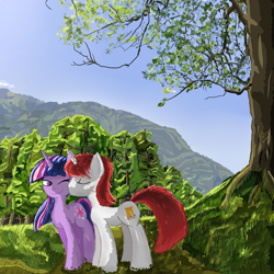 Size: 1024x1024 | Tagged: safe, artist:ba2sairus, imported from derpibooru, twilight sparkle, oc, unicorn, canon x oc, cheek kiss, female, kissing, male, shipping, straight, unicorn twilight