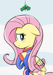 Size: 2001x2830 | Tagged: safe, artist:deafpunk, imported from derpibooru, fluttershy, blushing, bottomless, christmas, clothes, female, holly, holly mistaken for mistletoe, partial nudity, solo, sweater, sweatershy