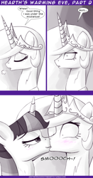 Size: 740x1412 | Tagged: safe, artist:deusexequus, imported from derpibooru, princess celestia, twilight sparkle, alicorn, pony, ask the princess of friendship with benefits, bedroom eyes, blushing, comic, dialogue, female, holly, holly mistaken for mistletoe, kissing, lesbian, mare, monochrome, shipping, twilestia, twilight sparkle (alicorn)