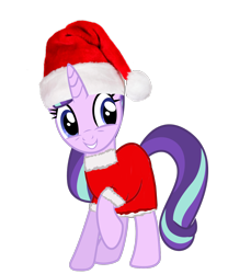 Size: 5000x6003 | Tagged: safe, artist:sunsetshimmer333, imported from derpibooru, starlight glimmer, pony, unicorn, absurd resolution, christmas, clothes, cute, female, glimmerbetes, hat, holiday, mare, raised hoof, santa costume, santa hat, smiling, solo