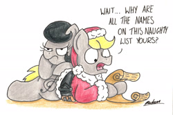 Size: 1920x1277 | Tagged: safe, artist:bobthedalek, imported from derpibooru, oc, oc only, oc:mixed melody, oc:octavia's father, oc:octavia's mother, oc:ostinato melody, earth pony, pony, clothes, duo, list, santa costume, traditional art, unamused