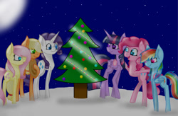 Size: 832x546 | Tagged: safe, artist:madelyn7, imported from derpibooru, applejack, fluttershy, pinkie pie, rainbow dash, rarity, twilight sparkle, alicorn, pony, christmas, christmas tree, female, mane six, mare, tree, twilight sparkle (alicorn), winter