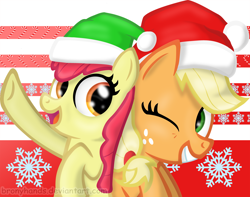 Size: 3840x3029 | Tagged: safe, artist:bronyhands, imported from derpibooru, apple bloom, applejack, christmas, hat, santa hat, sisters, wink