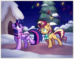 Size: 1000x800 | Tagged: safe, artist:xwreathofroses, imported from derpibooru, sunset shimmer, twilight sparkle, alicorn, pony, unicorn, christmas, christmas lights, clothes, colored pupils, cute, duo, looking back, looking up, night, no catchlights, open mouth, raised hoof, raised leg, scarf, shadow, smiling, snow, twilight sparkle (alicorn), walking