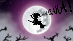 Size: 5760x3240 | Tagged: safe, artist:bronyhands, imported from derpibooru, trixie, pony, unicorn, broom, dead tree, dialogue, female, flying, flying broomstick, full moon, laughing, mare, mare in the moon, moon, night, night sky, open mouth, silhouette, solo, stars, tree, trixie's cape, trixie's hat, witch