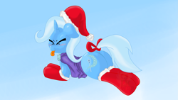 Size: 2697x1517 | Tagged: safe, artist:lkweb, imported from derpibooru, trixie, pony, unicorn, :p, blushing, butt, christmas, clothes, dock, eyes closed, female, hat, mare, plot, prone, raspberry, santa hat, socks, solo, stockings, tail bow, tongue out, tsundere