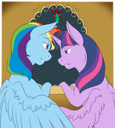 Size: 1000x1109 | Tagged: safe, artist:kourabiedes, imported from derpibooru, rainbow dash, twilight sparkle, alicorn, pony, female, imminent kissing, lesbian, mare, mistletoe, shipping, twidash, twilight sparkle (alicorn)