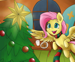 Size: 1024x843 | Tagged: safe, artist:megagibs, imported from derpibooru, fluttershy, pegasus, semi-anthro, christmas, christmas tree, clothes, cute, excited, female, floating, hearth's warming eve, mare, milk and cookies, open mouth, open smile, scarf, shyabetes, smiling, solo, spread wings, tree