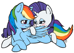 Size: 868x623 | Tagged: safe, artist:silver1kunai, imported from derpibooru, rainbow dash, rarity, pegasus, pony, unicorn, blushing, cuddling, cute, female, lesbian, mare, preening, raridash, shipping, snuggling