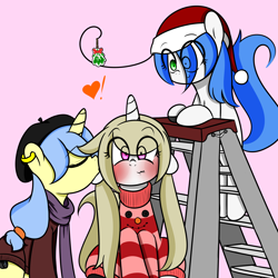 Size: 2000x2000 | Tagged: safe, artist:fullmetalpikmin, imported from derpibooru, oc, oc only, oc:cherry blossom, oc:mal, oc:viewing pleasure, tumblr:ask viewing pleasure, blushing, christmas, kissing