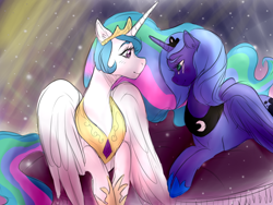 Size: 800x600 | Tagged: safe, artist:walnutspice, imported from derpibooru, princess celestia, princess luna, crying, prone, s1 luna, sisters, smiling