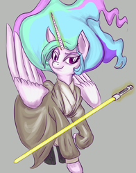 Size: 900x1150 | Tagged: safe, artist:helloiamyourfriend, artist:yourfriendsalamisalamander, imported from derpibooru, princess celestia, clothes, crossover, female, jedi, lightsaber, magic, robe, simple background, smirk, solo, spread wings, star wars, telekinesis, weapon