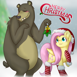 Size: 1600x1600 | Tagged: safe, artist:mondlichtkatze, imported from derpibooru, fluttershy, harry, bear, pegasus, pony, blushing, christmas, clothes, female, harryshy, hat, holly, holly mistaken for mistletoe, mare, santa hat, snow, snowfall, socks, stockings, striped socks