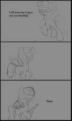 Size: 1920x3253 | Tagged: artist needed, safe, imported from derpibooru, starlight glimmer, twilight sparkle, the cutie re-mark, alternate timeline, comic, dialogue, gun, levitation, magic, pencil drawing, self-levitation, shame, shotgun, telekinesis, traditional art, weapon