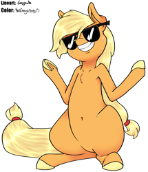 Size: 2015x2343 | Tagged: safe, artist:greyscaleart, artist:notenoughapples, imported from derpibooru, applejack, belly button, female, solo, sunglasses, underhoof