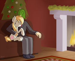 Size: 3200x2600 | Tagged: safe, artist:gsuus, imported from derpibooru, oc, oc only, oc:anon, oc:aryanne, human, pony, chimney, christmas, christmas tree, couch, cuddling, eyes closed, fireplace, happy, hug, human on pony snuggling, nazi, rug, smiling, snuggling, swastika, tree