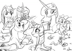 Size: 1280x905 | Tagged: safe, artist:silfoe, imported from derpibooru, princess cadance, princess celestia, princess luna, shining armor, spike, twilight sparkle, alicorn, pony, royal sketchbook, female, grayscale, lesbian, mare, monochrome, present, prone, shipping, sketch, twilight sparkle (alicorn), twiluna