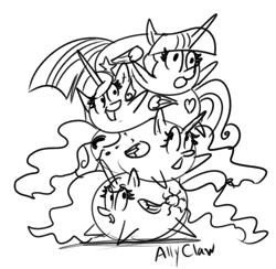 Size: 1285x1253 | Tagged: safe, artist:allyclaw, imported from derpibooru, princess cadance, princess celestia, princess luna, twilight sparkle, alicorn, pony, blob, blob ponies, group, monochrome, pony blob, pony pile, twilight sparkle (alicorn)