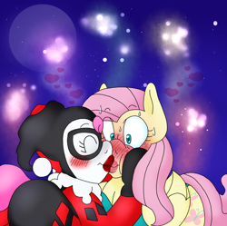 Size: 1688x1680 | Tagged: safe, artist:blackbewhite2k7, imported from derpibooru, fluttershy, pinkie pie, earth pony, pegasus, pony, blushing, christmas, cleavage, cosplay, costume, crossover, dc comics, embarrassed, eyes closed, female, fireworks, flutterpie, harley quinn, heart, kiss on the lips, kissing, lesbian, lipstick, pink lipstick, pinkie quinn, poison ivy, poison ivyshy, red lipstick, shipping, surprise kiss