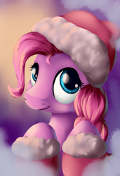 Size: 3900x5700 | Tagged: safe, artist:grennadder, imported from derpibooru, pinkie pie, absurd resolution, female, hat, looking at you, portrait, santa hat, smiling, solo