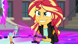 Size: 1280x720 | Tagged: safe, edit, imported from derpibooru, screencap, bright idea, rainbow dash, sunset shimmer, equestria girls, friendship games, background human, evil grin, inverted mouth, magic capture device, smiling, story included, sunedge shimmer, teeth