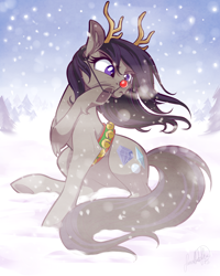 Size: 3600x4500 | Tagged: safe, artist:jadedjynx, imported from derpibooru, oc, oc only, oc:lene nezumi, earth pony, pony, annoyed, clothes, costume, reindeer costume, snow, snowfall, solo, style emulation, winter