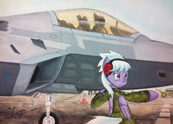 Size: 1280x921 | Tagged: safe, artist:jet-ann, imported from derpibooru, cloudchaser, pegasus, pony, bipedal, f-22 raptor, jet fighter, lockheed corporation, military, military uniform, plane, traditional art