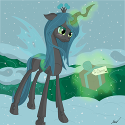 Size: 2000x2000 | Tagged: dead source, safe, artist:soveno, imported from derpibooru, queen chrysalis, changeling, changeling queen, female, magic, present, snow, snowfall, solo, winter