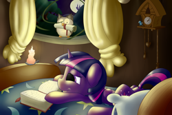 Size: 1024x683 | Tagged: safe, artist:solipsus, imported from derpibooru, owlowiscious, trixie, twilight sparkle, alicorn, pony, bed, book, candle, female, mare, scroll, twilight sparkle (alicorn)