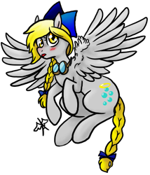 Size: 412x482 | Tagged: safe, artist:boshedagh, imported from derpibooru, derpy hooves, pegasus, pony, alternate hairstyle, ask-assistant-angel-eyes, female, goggles, mare, simple background, solo, tail bow