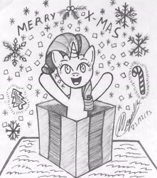 Size: 2659x3010 | Tagged: safe, artist:php71, deleted from derpibooru, imported from derpibooru, rarity, christmas, female, happy, monochrome, present, solo, traditional art