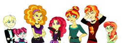 Size: 3768x1324 | Tagged: safe, artist:purfectprincessgirl, imported from derpibooru, adagio dazzle, sunset shimmer, oc, oc:angel flare, oc:ballad glimmer, oc:phoenix burst, oc:viola hue, equestria girls, female, humanized, lesbian, magical lesbian spawn, offspring, older, parent:adagio dazzle, parent:sunset shimmer, parents:sunsagio, shipping, story in the source, story included, sunsagio